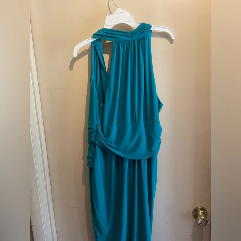 Evan Picone Sz 16 sleeveless blue/green dress criss cross neckline ruched waist - Picture 3 of 6